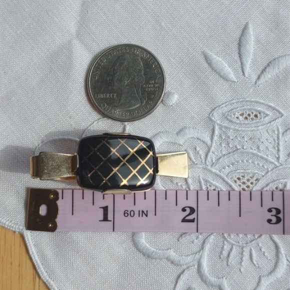 Speigel gold tone tie clip black glass cut stone gold hatching design art deco - Picture 4 of 4